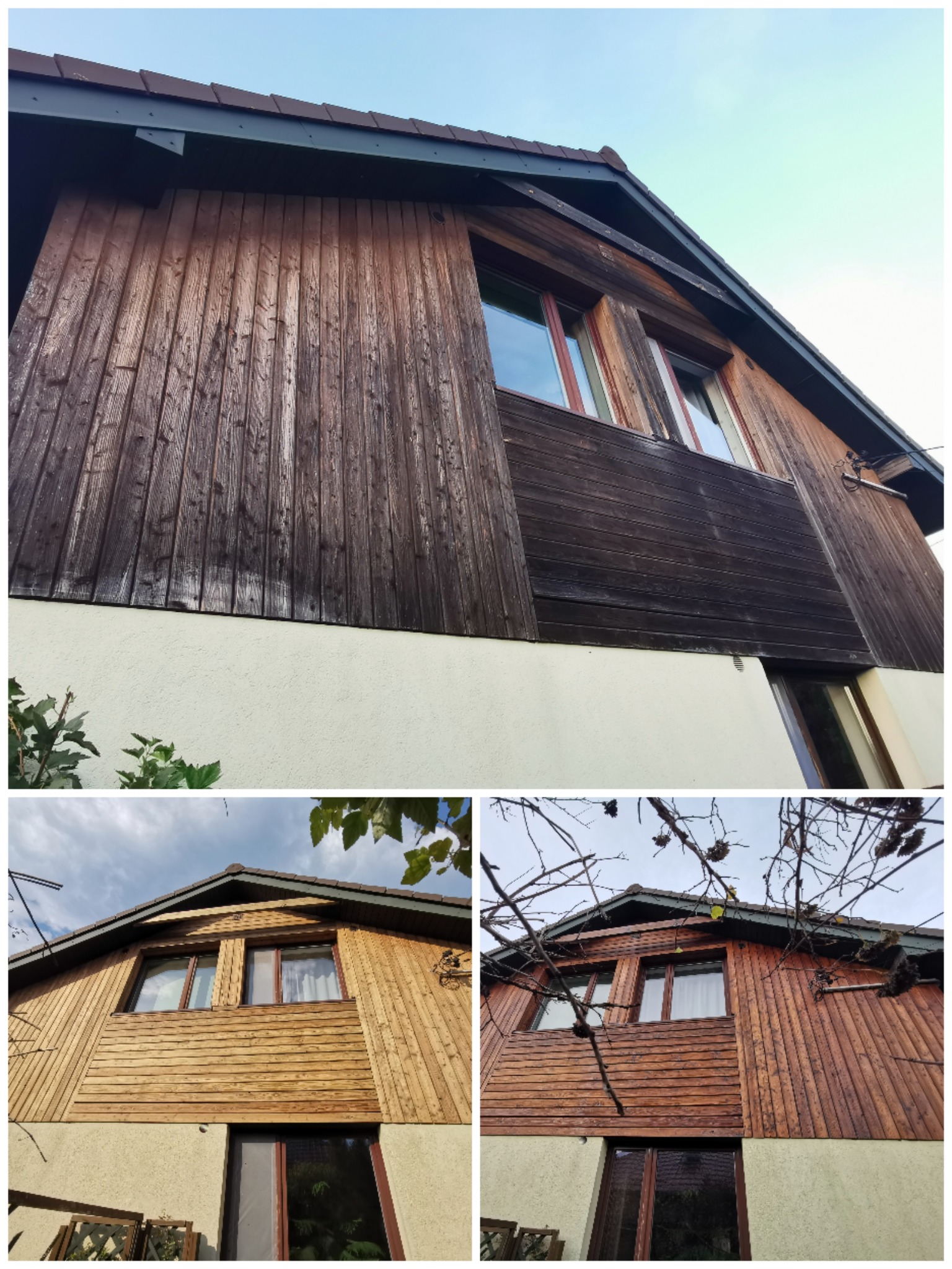 Montaż drewnianej elewacji na budynku z jasnym tynkiem. Widoczne okna i fragment dachu. Zdjęcie w formacie kolażu przedstawia różne ujęcia elewacji.