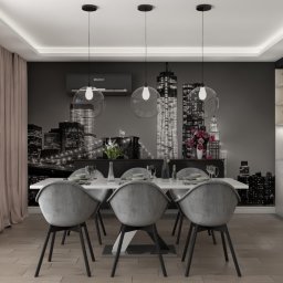 MAFF - Nowoczesna jadalnia z białym stołem, szarymi krzesłami i fototapetą z motywem panoramy miasta, oświetlona trzema wiszącymi lampami kulami
