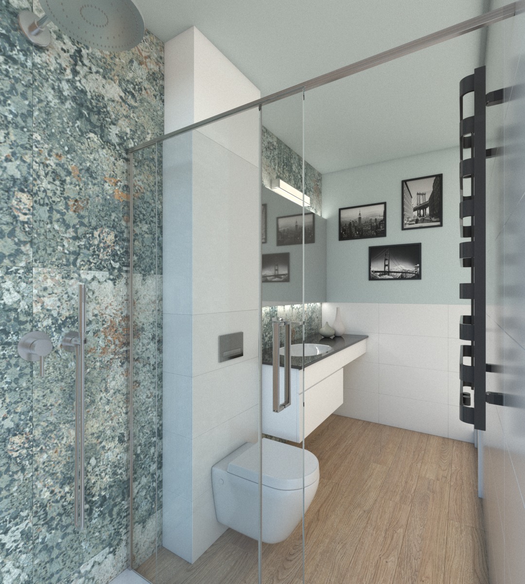 Nowoczesna łazienka z kabiną prysznicową oddzieloną szklaną ścianką, marmurową ścianą pod prysznicem, drewnianą podłogą i umywalką nablatową z czarnym blatem oraz czarno-białymi obrazami na ścianie.