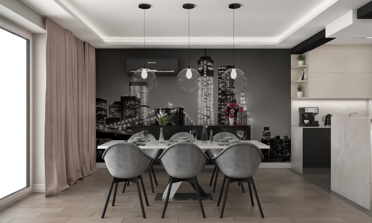 Nowoczesna jadalnia z białym stołem, szarymi krzesłami i fototapetą z motywem panoramy miasta, oświetlona trzema wiszącymi lampami kulami