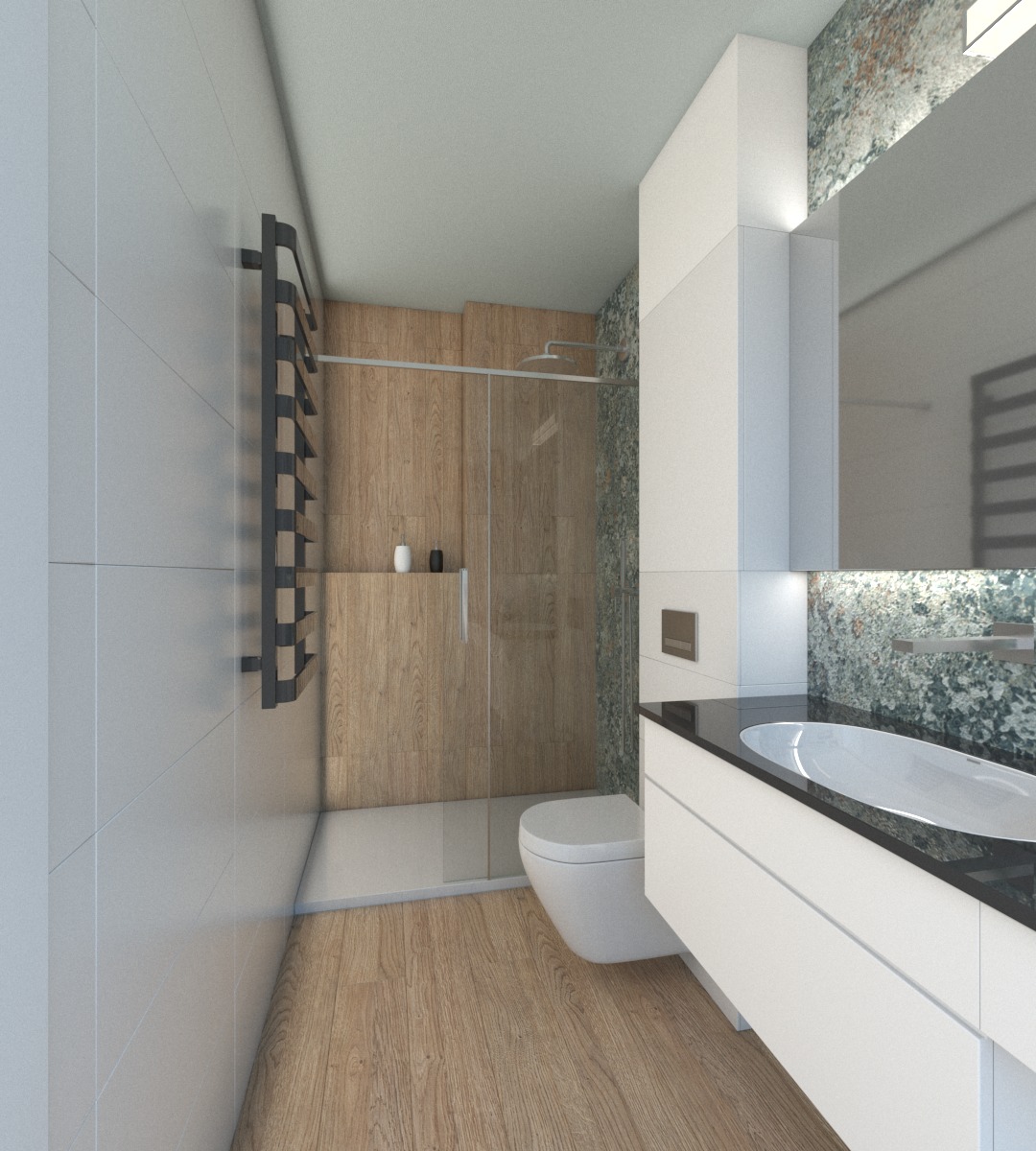 Wizualizacja nowoczesnej łazienki z drewnianymi akcentami, kabiną prysznicową typu walk-in, białymi płytkami i umywalką nablatową z czarnym blatem.