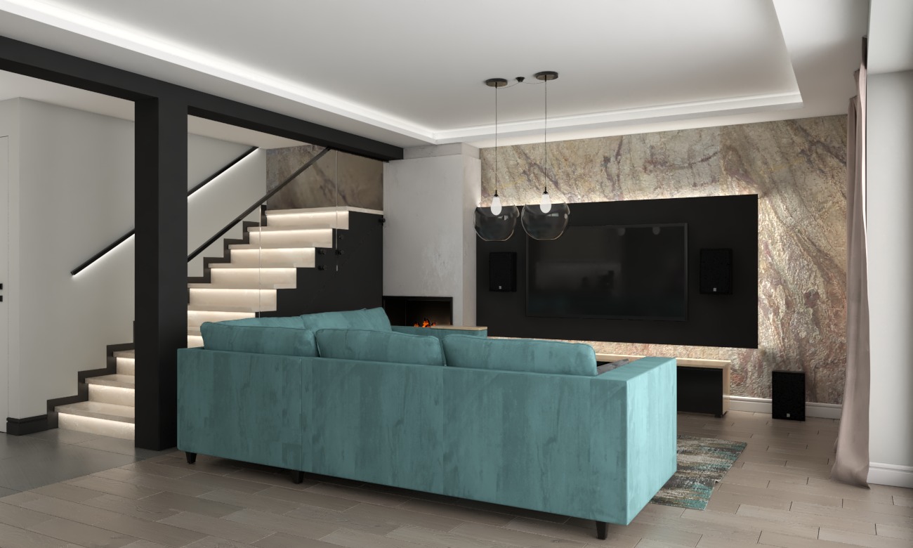 Nowoczesny salon z turkusową sofą na pierwszym planie, podświetlane schody, ściana z kamiennym wzorem i czarną zabudową TV.