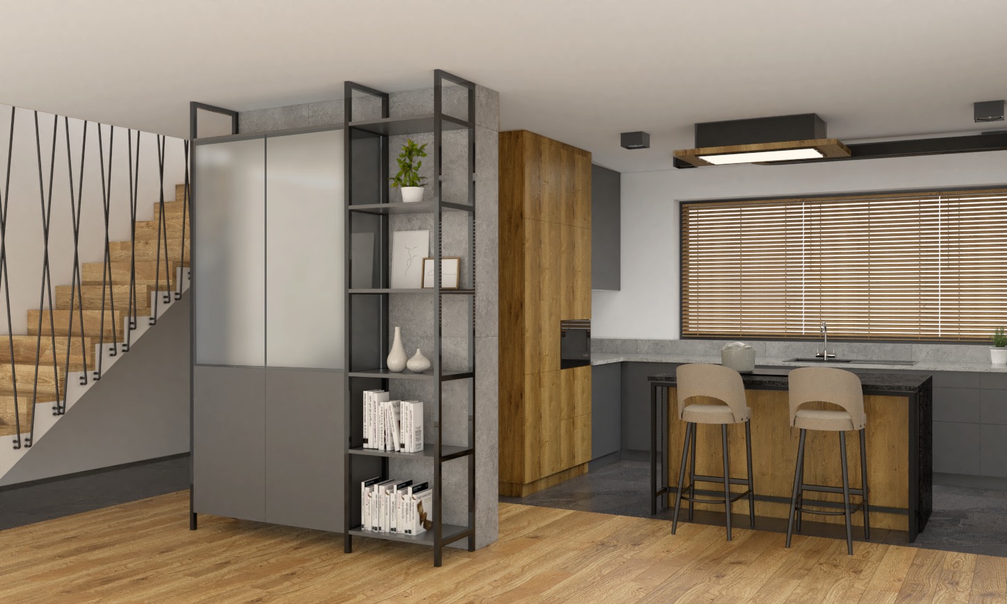 Wnętrze mieszkania z otwartą kuchnią, drewnianą podłogą i schodami z czarnymi balustradami. Widoczna wyspa kuchenna z dwoma hokerami oraz regał z książkami i dekoracjami.