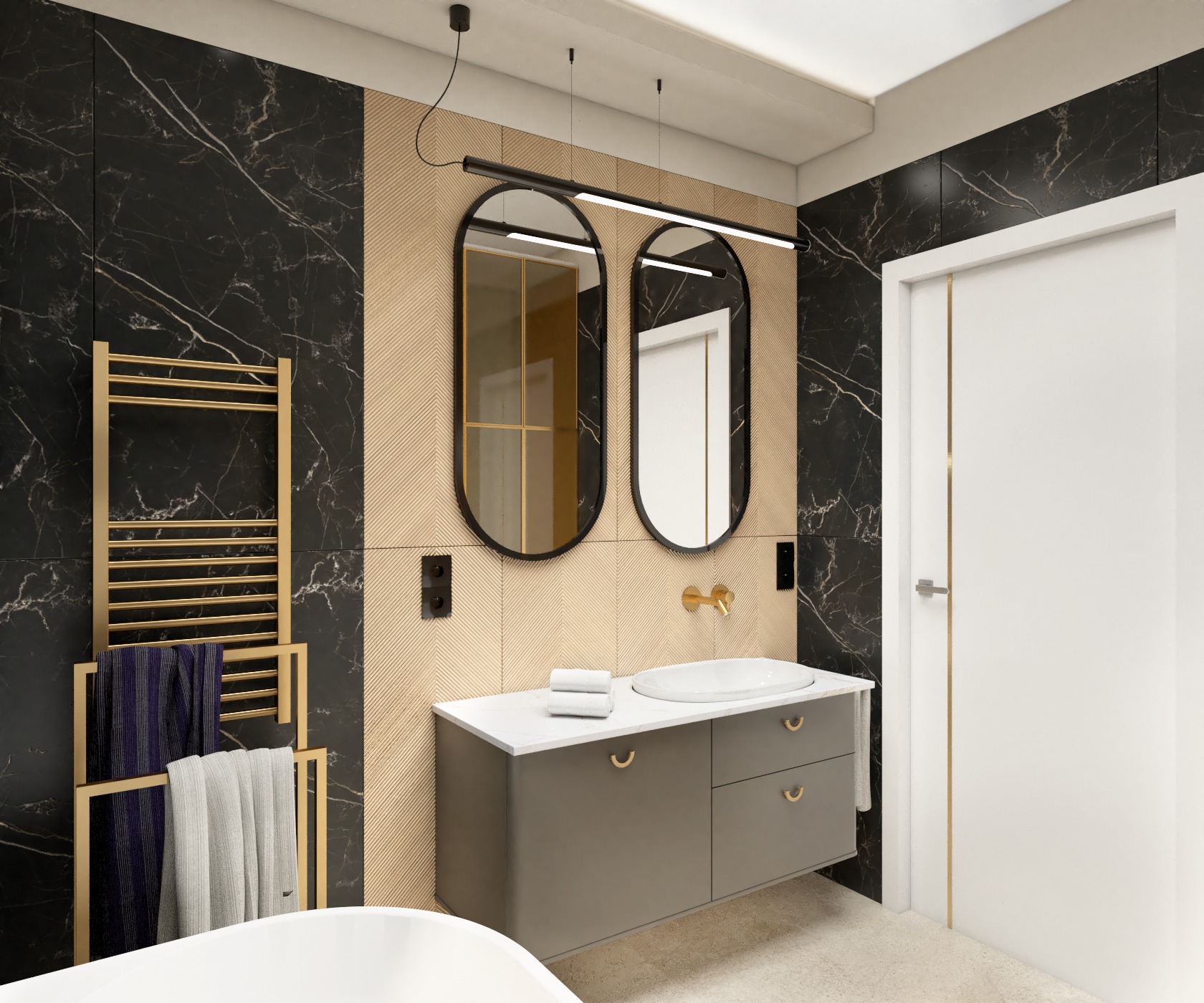 Nowoczesna łazienka z czarnym marmurem, drewnianą boazerią w jodełkę, owalnymi lustrami podświetlonymi listwą LED, szarą szafką z umywalką nablatową i złotym grzejnikiem drabinkowym z ręcznikami.