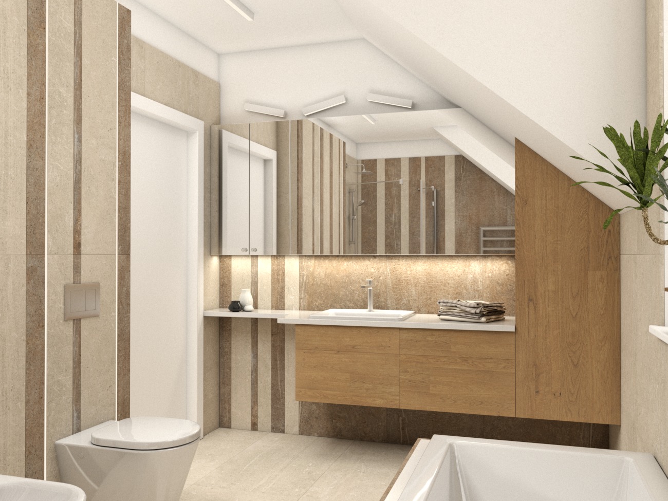 Nowoczesna łazienka na poddaszu z beżowo-brązowymi płytkami w pionowe pasy, białymi sanitariatami, drewnianą szafką pod umywalką i lustrem z oświetleniem LED.