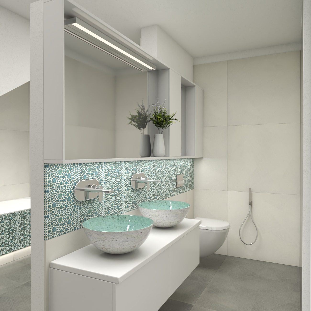 Nowoczesna łazienka z dwoma umywalkami w kształcie mis, wykończona mozaiką w odcieniach błękitu i szarości, minimalistyczna armatura, oświetlenie LED nad lustrem.