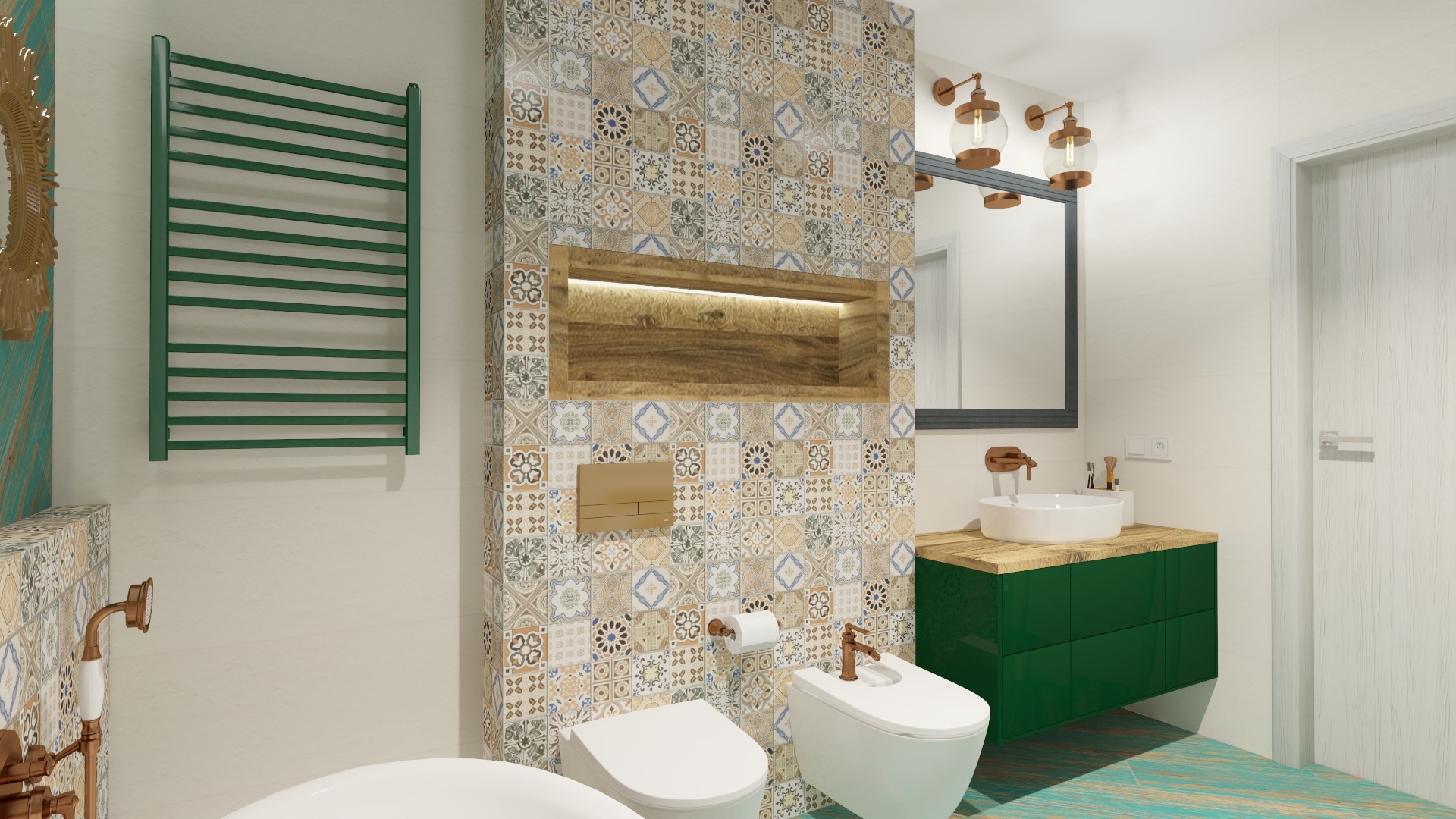 Wizualizacja łazienki z mozaikową ścianą, drewnianą wnęką z oświetleniem, zieloną szafką pod umywalką i grzejnikiem drabinkowym w tym samym kolorze.