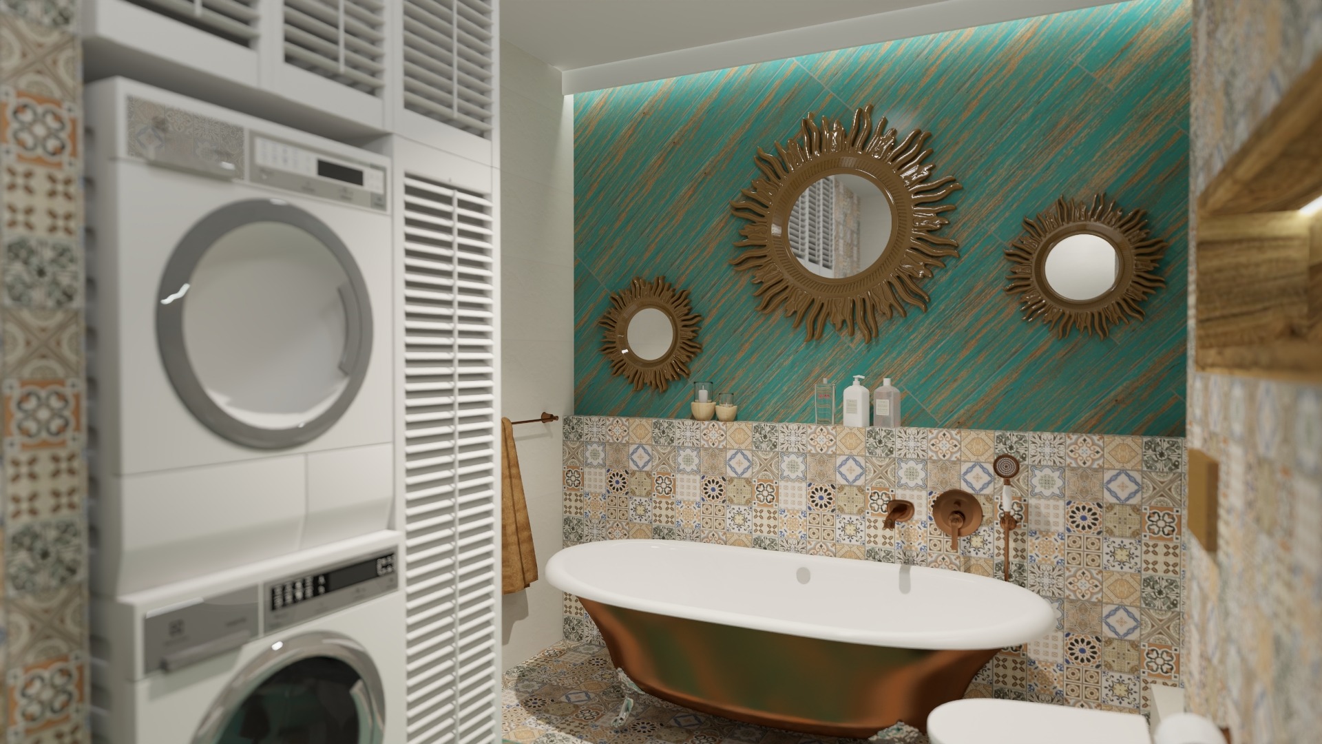 Wnętrze łazienki z wanną na nóżkach, turkusową ścianą zdobioną trzema lustrami w kształcie słońca i pralką z suszarką w zabudowie.