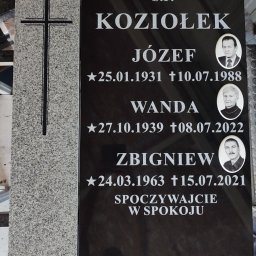 Kamieniarstwo GAP - Dwuczęściowy pomnik: jasnoszary element z wyrytym krzyżem i czarny element z wygrawerowanymi danymi zmarłych i ich portretami.