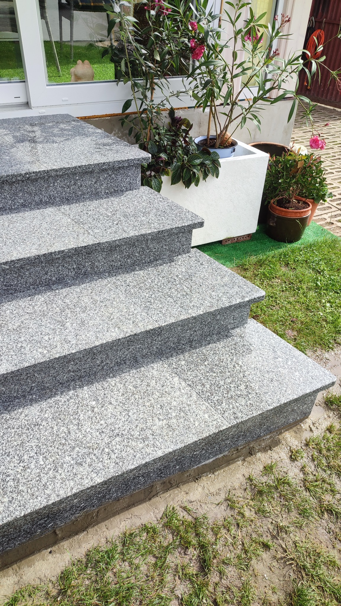 Granitowe schody zewnętrzne z roślinami w donicach, prowadzące do drzwi wejściowych. Szare stopnie o szorstkiej fakturze, trawa i donice w tle.