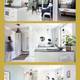 Nieruchomości Joanna Alexandrowicz - Kolaż trzech ujęć wnętrza mieszkania: salon z aneksem kuchennym i sypialnia, w stylu skandynawskim, z elementami vintage i roślinami doniczkowymi.