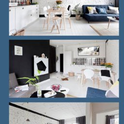 Nieruchomości Joanna Alexandrowicz - Jasne wnętrze mieszkania w stylu paryskim: białe ściany z cegły, drewniany stół z krzesłami, niebieska sofa z poduszkami i biała podłoga, widok na sypialnię z szarymi zasłonami.