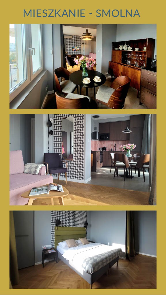 Kolaż trzech zdjęć wnętrz mieszkania: jadalnia z okrągłym stołem i kwiatami, salon z różową sofą i wzorzystą tapetą oraz sypialnia z łóżkiem i parkietem w jodełkę.