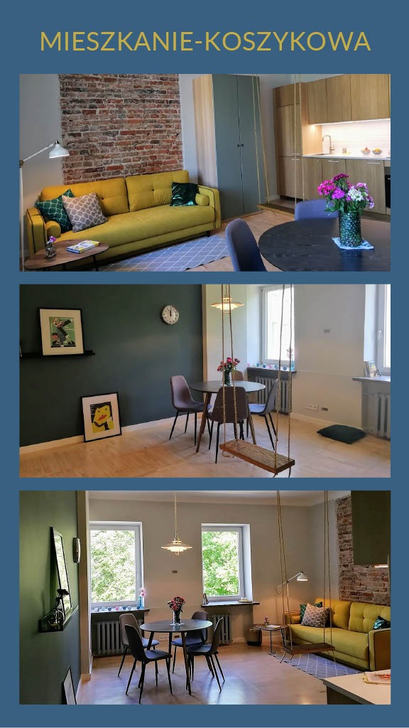 Wnętrze mieszkania w stylu eklektycznym: żółta sofa z ceglaną ścianą, drewniana podłoga, ciemnozielona ściana z grafikami, okrągły stół z krzesłami oraz huśtawka na linach.