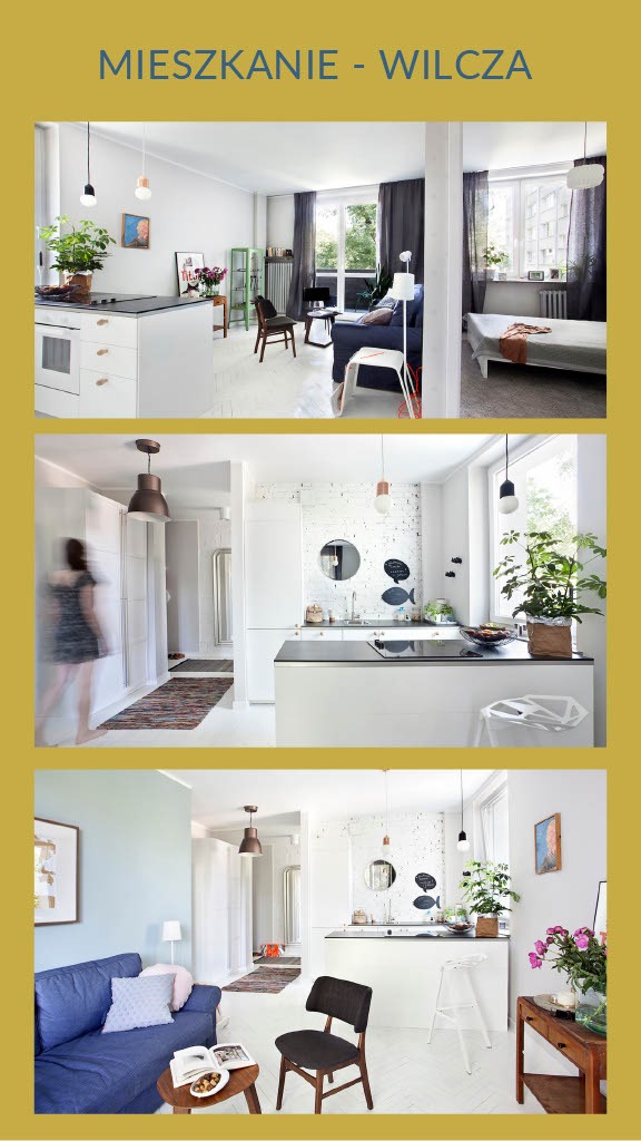 Kolaż trzech ujęć wnętrza mieszkania: salon z aneksem kuchennym i sypialnia, w stylu skandynawskim, z elementami vintage i roślinami doniczkowymi.