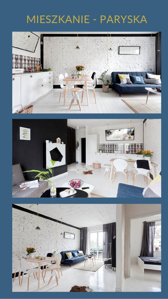 Jasne wnętrze mieszkania w stylu paryskim: białe ściany z cegły, drewniany stół z krzesłami, niebieska sofa z poduszkami i biała podłoga, widok na sypialnię z szarymi zasłonami.