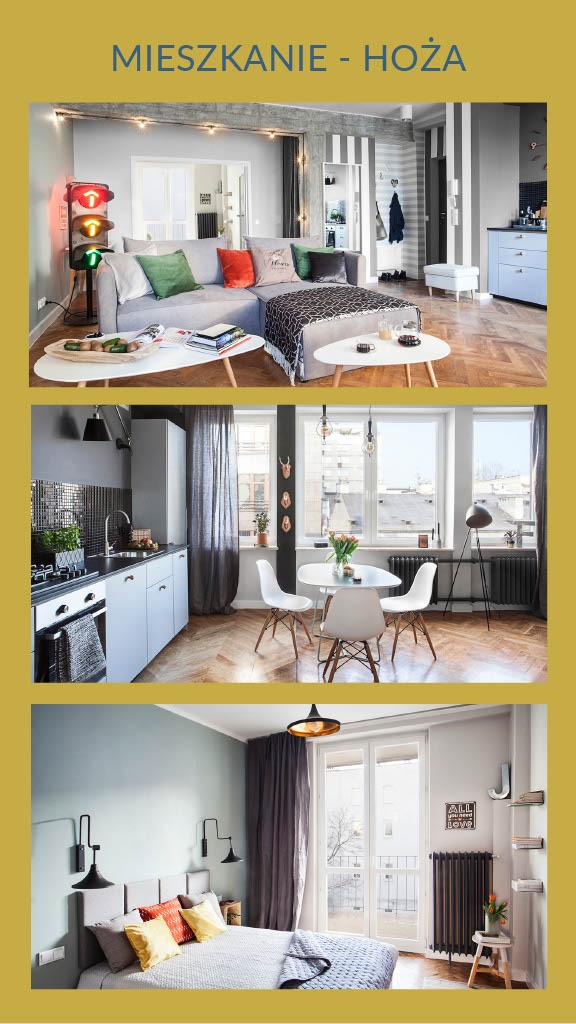 Wnętrze mieszkania w stylu loft: salon z kanapą narożną, stolikami kawowymi i dekoracyjnym sygnalizatorem świetlnym, kuchnia z szarą zabudową i mozaiką nad blatem, sypialnia z balkonem i lampami...