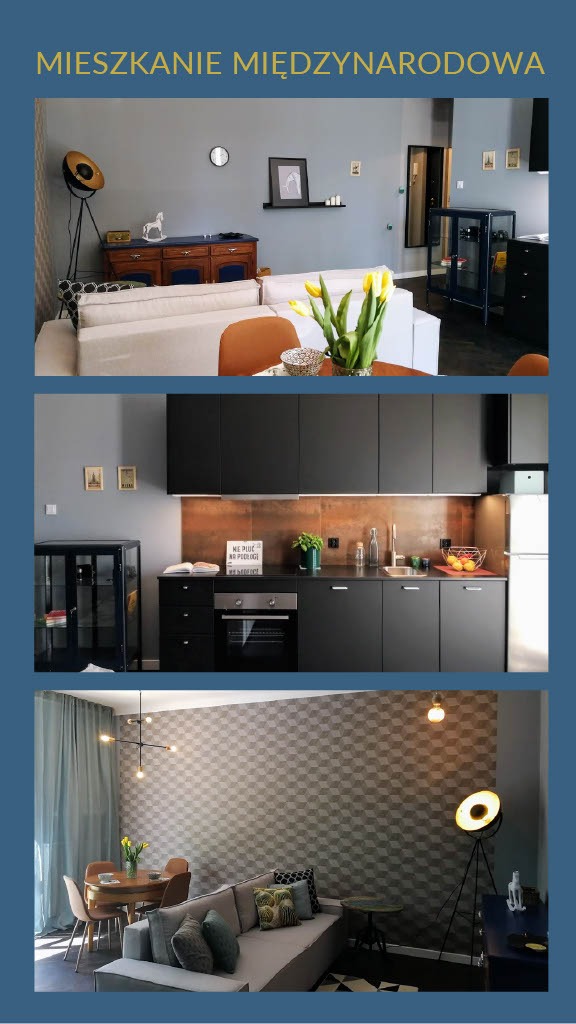 Trzy kadry z wnętrza mieszkania: salon z kanapą, komodą i lampą na trójnogu; kuchnia z czarnymi szafkami i miedzianym panelem; pokój z geometryczną tapetą, sofą i okrągłym stołem z krzesłami.