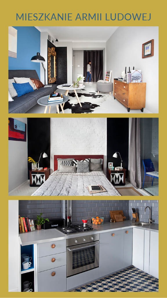 Kolaż zdjęć przedstawiający wnętrze mieszkania: salon z sofą, sypialnia z łóżkiem i kuchnia z szarymi szafkami, całość w stylistyce nowoczesnej z elementami retro.