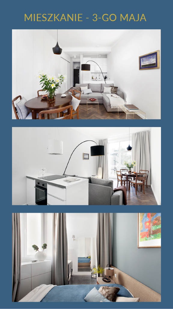 Trzy kadry przedstawiające wnętrze mieszkania: salon z aneksem kuchennym i sypialnię, w neutralnej kolorystyce z elementami drewna i czerni, oświetlone lampami łukowymi.