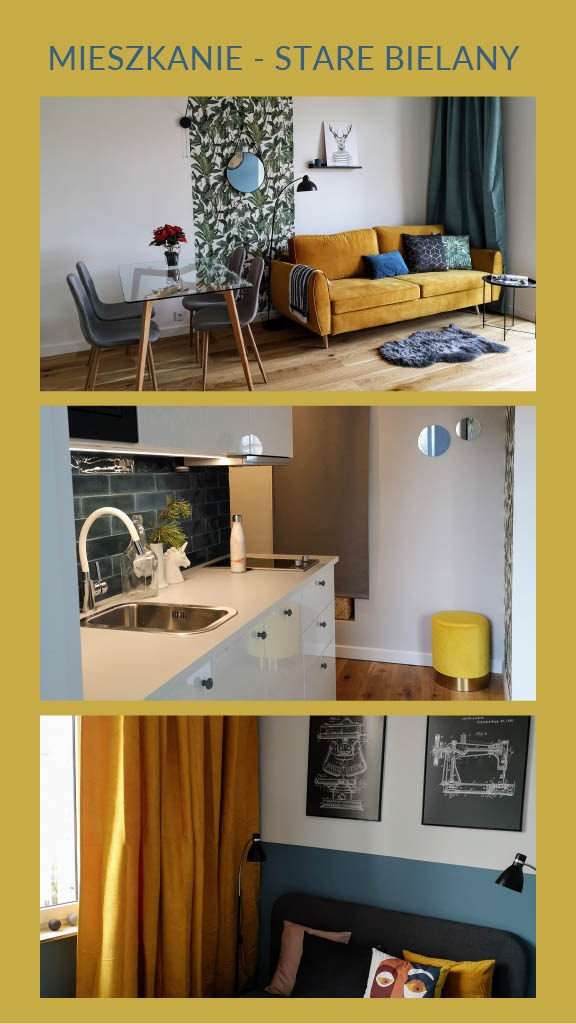 Wnętrze mieszkania w stylu eklektycznym: salon z żółtą sofą, szklanym stołem i tapetą w liście, aneks kuchenny z białą zabudową i turkusowymi płytkami, sypialnia z zasłonami w kolorze musztardowym...