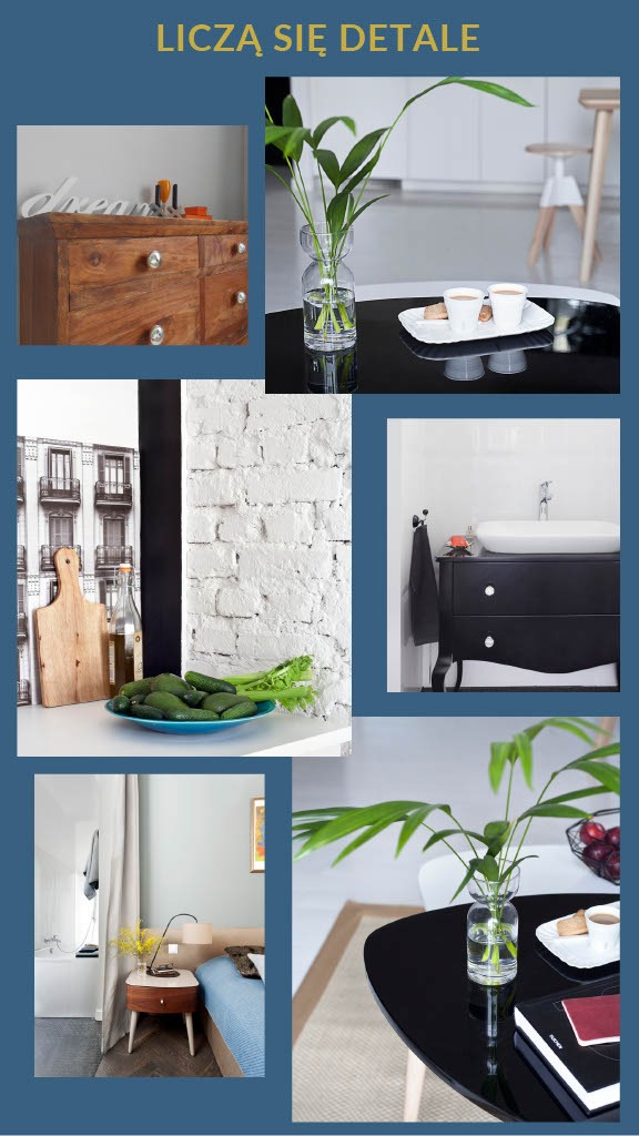 Kompozycja wnętrzarskich detali: drewniana komoda z napisem 'dream', szklany wazon z zielonymi liśćmi na czarnym stoliku, biała ceglana ściana z deską do krojenia i zielonymi ogórkami, czarna...