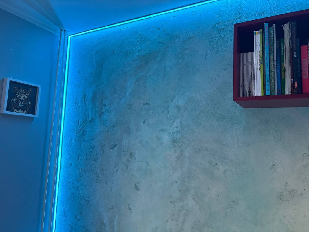 Narożne oświetlenie LED w kolorze niebieskim, zamontowane wzdłuż sufitu i ściany, oświetlające dekoracyjną ścianę z fakturą, z półką na książki i obrazkiem pantery w ramce.
