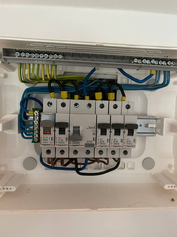 Wewnętrzny widok skrzynki rozdzielczej z zainstalowanymi bezpiecznikami Legrand, widoczne przewody w kolorach niebieskim, czarnym, żółto-zielonym i brązowym.