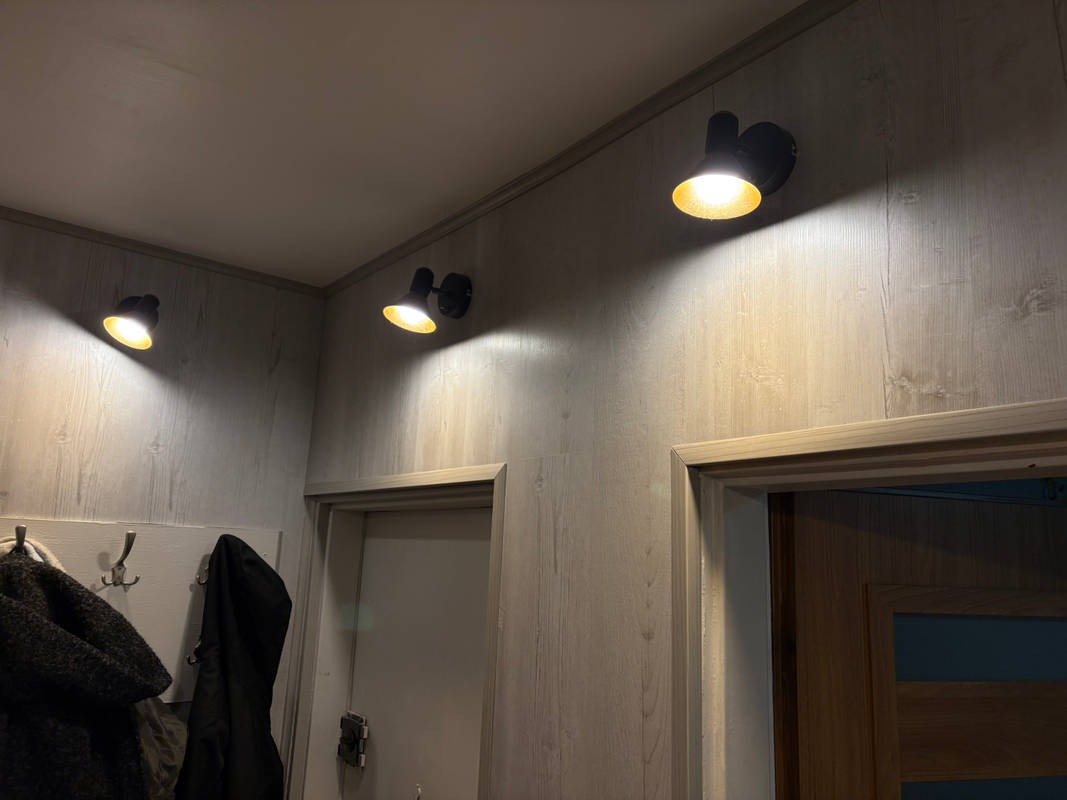 Trzy czarne lampy punktowe zamontowane na ścianie z panelami imitującymi drewno, oświetlające wejście do pomieszczenia z dwiema parami drzwi.
