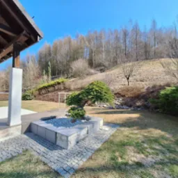 Uformowany niski krzew iglasty w betonowej donicy z białymi kamieniami, na tle trawnika i wzgórza z drzewami liściastymi. Obok taras z kostki brukowej.