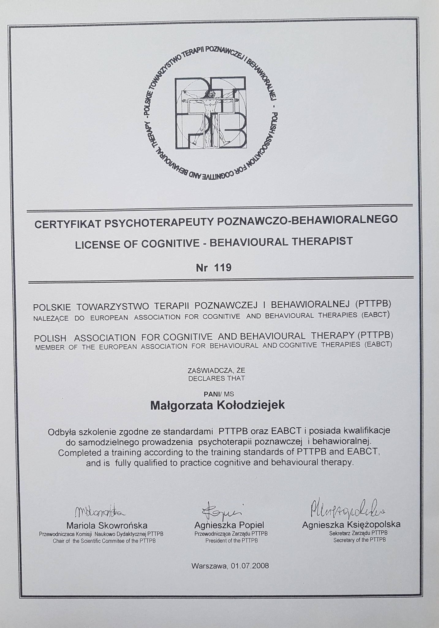Skan certyfikatu psychoterapeuty poznawczo-behawioralnego Małgorzaty Kołodziejek, wydanego przez Polskie Towarzystwo Terapii Poznawczej i Behawioralnej (PTTPB), z logo PTTPB w górnej części...