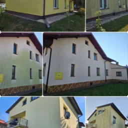 Montaż zdjęć 'przed i po' prezentuje efekt czyszczenia elewacji domu w Mielcu. Zestawienie ukazuje budynek z widocznymi zabrudzeniami, mchem i glonami, a następnie ten sam budynek po usunięciu...