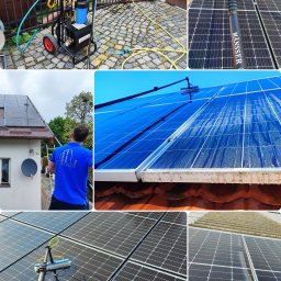 CLEAN GLASS Krzysztof Rabiniak - Czyszczenie paneli słonecznych na dachu za pomocą szczotki na teleskopowym wysięgniku i systemu filtracji wody demineralizowanej na wózku. Widoczne ślady wody na panelach w trakcie mycia.