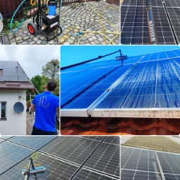 Czyszczenie paneli słonecznych na dachu za pomocą szczotki na teleskopowym wysięgniku i systemu filtracji wody demineralizowanej na wózku. Widoczne ślady wody na panelach w trakcie mycia.