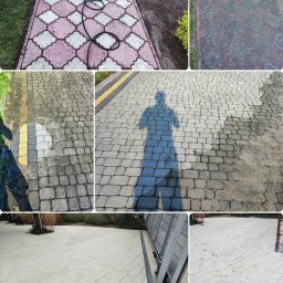 CLEAN GLASS Krzysztof Rabiniak - Kompozycja zdjęć przedstawiająca kostkę brukową przed i po czyszczeniu, widoczne różne wzory i stopień zabrudzenia, cień osoby podczas pracy.