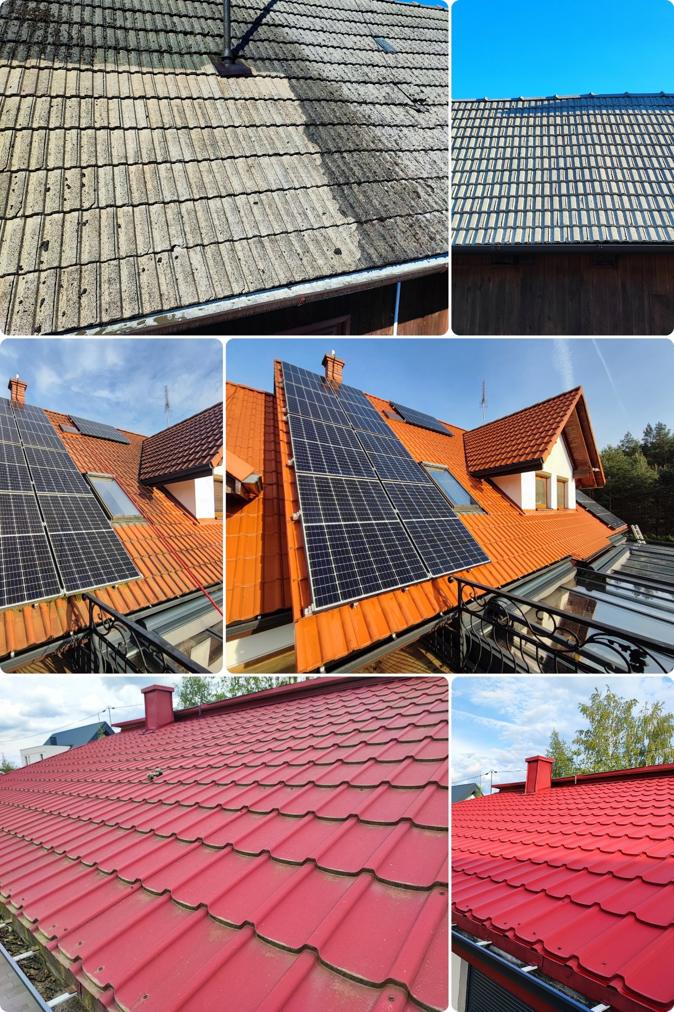 Montaż paneli fotowoltaicznych na dachu z czerwonej dachówki. Kolaż zdjęć prezentuje stan dachu przed i po czyszczeniu, a także po instalacji paneli słonecznych.