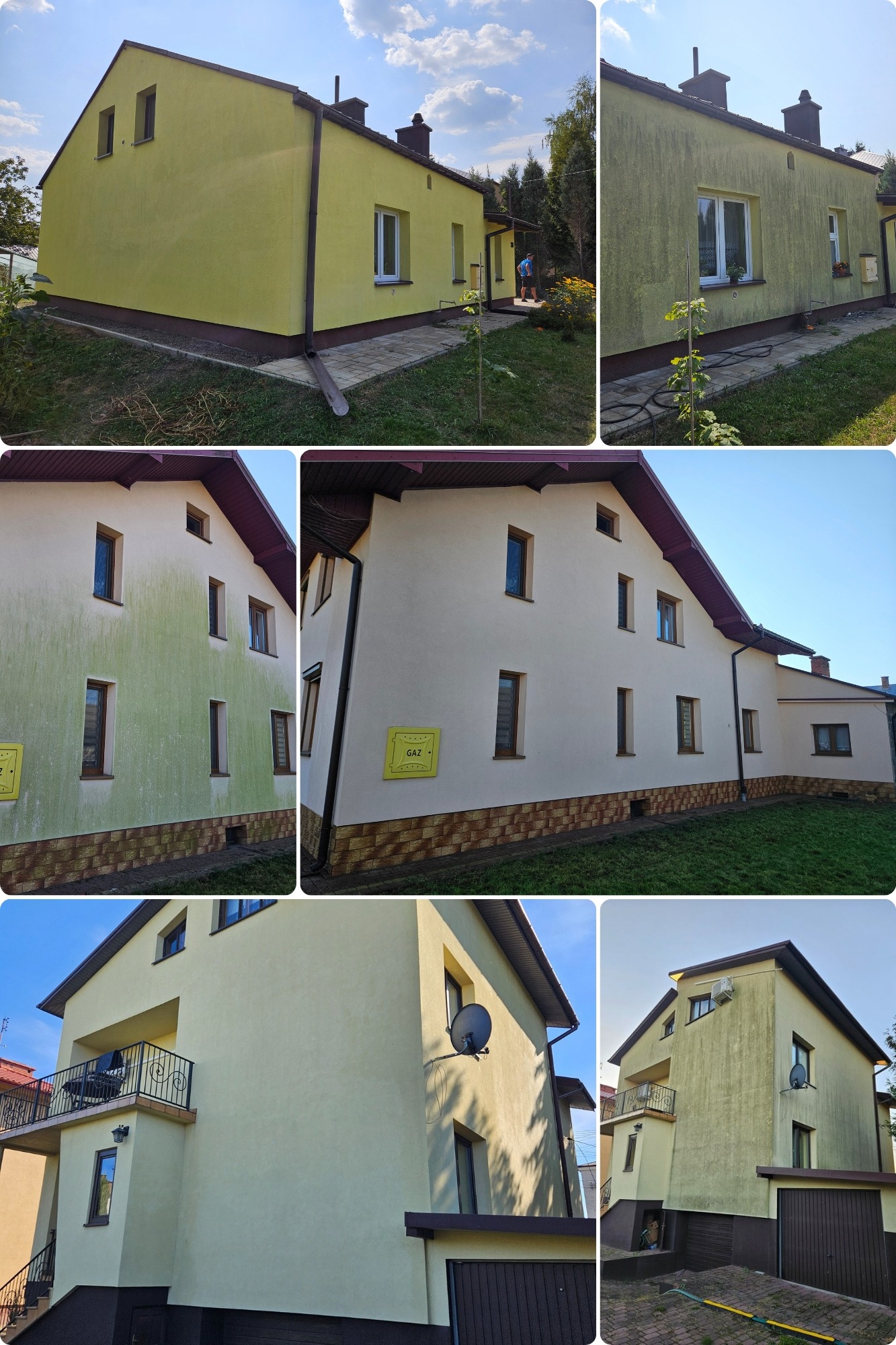 Montaż zdjęć 'przed i po' prezentuje efekt czyszczenia elewacji domu w Mielcu. Zestawienie ukazuje budynek z widocznymi zabrudzeniami, mchem i glonami, a następnie ten sam budynek po usunięciu...