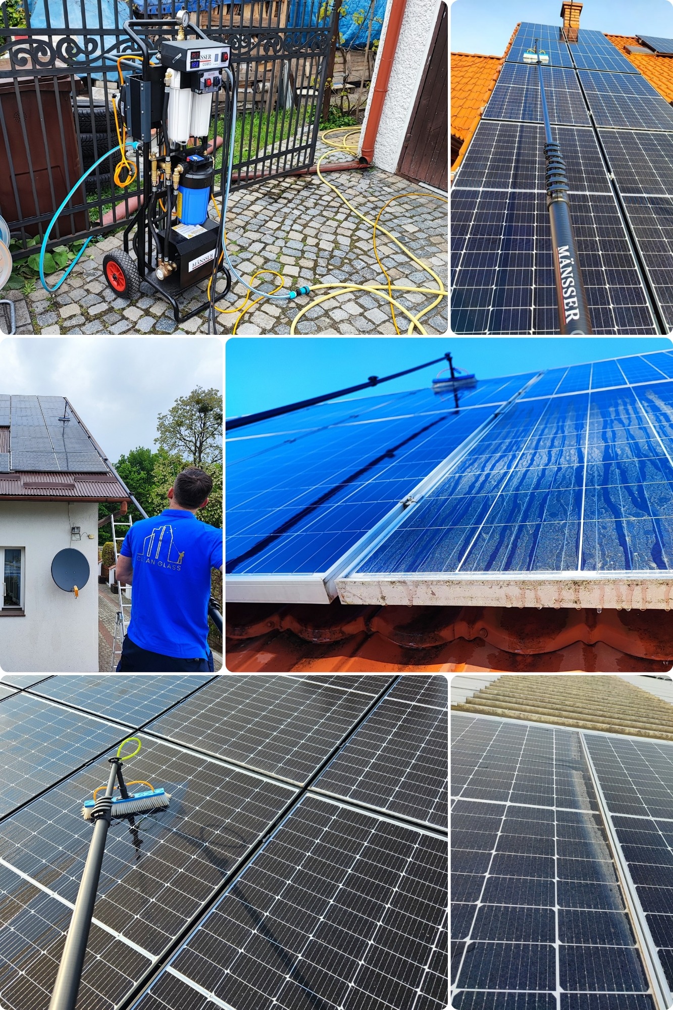 Czyszczenie paneli słonecznych na dachu za pomocą szczotki na teleskopowym wysięgniku i systemu filtracji wody demineralizowanej na wózku. Widoczne ślady wody na panelach w trakcie mycia.