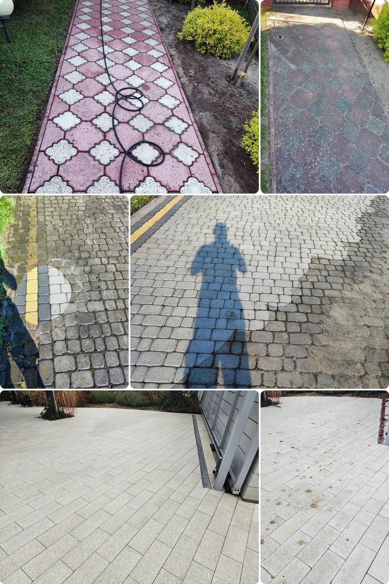 Kompozycja zdjęć przedstawiająca kostkę brukową przed i po czyszczeniu, widoczne różne wzory i stopień zabrudzenia, cień osoby podczas pracy.