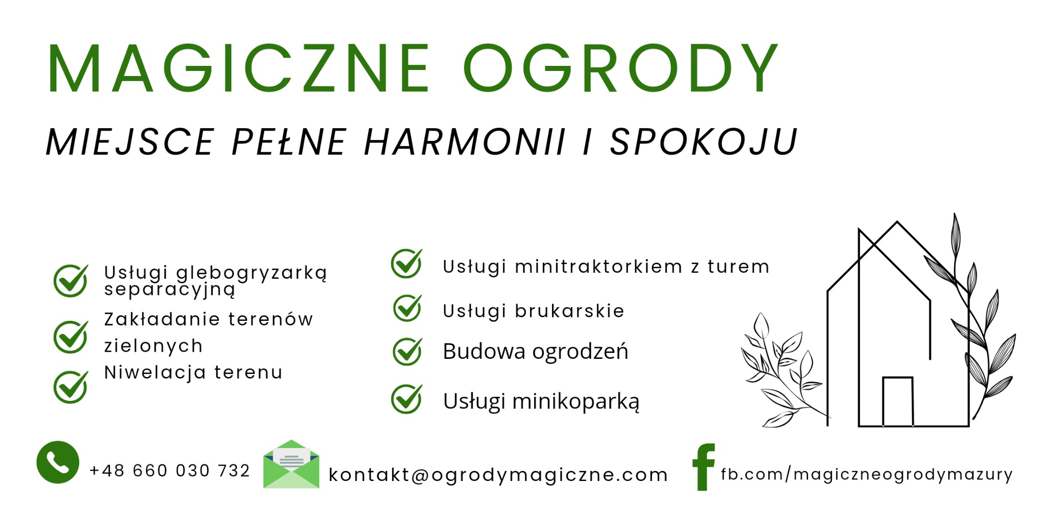 Logo firmy ogrodniczej Magiczne Ogrody z Mazur, oferującej usługi glebogryzarką, minitraktorkiem, brukarskie, budowę ogrodzeń, minikoparką, zakładanie terenów zielonych i niwelację terenu. Kontakt...