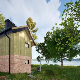 ART-DESIGN KAROL JURCZYK - Wizualizacja małego budynku z drewnianą elewacją i ceglaną podstawą, w otoczeniu zieleni i z widokiem na jezioro, kobieta siedzi na ławce przed budynkiem.
