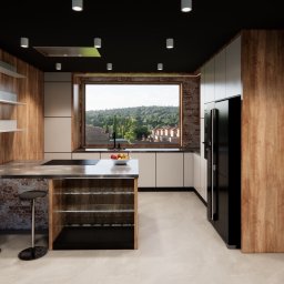 ART-DESIGN KAROL JURCZYK - Wizualizacja nowoczesnej kuchni z wyspą, drewnianymi akcentami i widokiem na zielony krajobraz za oknem, oświetlenie punktowe sufitowe.