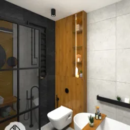 Nowoczesna łazienka z kabiną prysznicową typu walk-in, drewnianą szafką z wbudowanym oświetleniem i wiszącą toaletą, utrzymana w szaro-czarno-drewnianej kolorystyce.