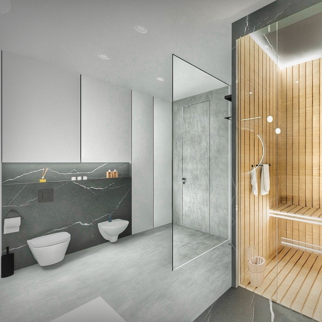 Nowoczesna łazienka z sauną, szare płytki imitujące marmur, biała armatura, minimalistyczne półki z dekoracjami, szklana kabina sauny z drewnianym wnętrzem i wiaderkiem.