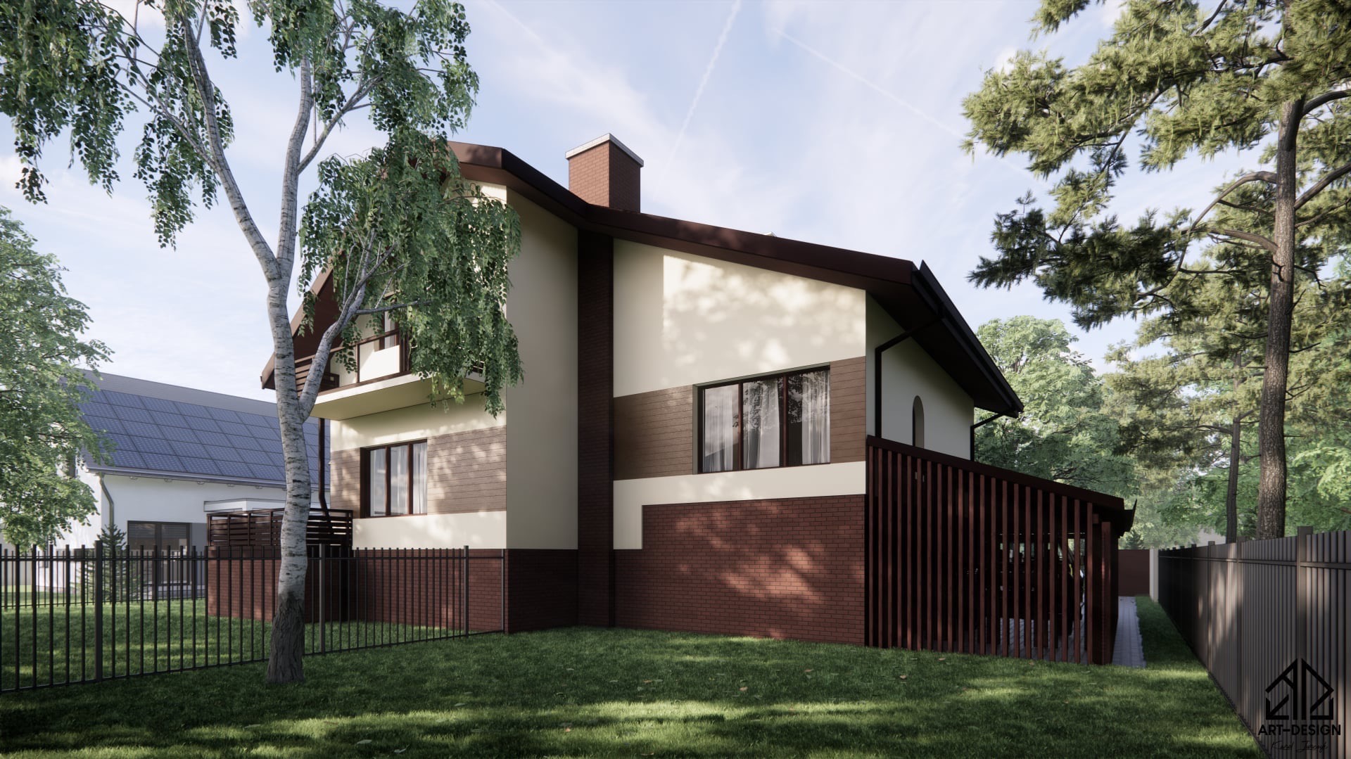 Wizualizacja projektu przebudowy domu jednorodzinnego w Kolnie, prezentująca elewację z elementami cegły, drewna i jasnego tynku, z widocznym fragmentem ogrodu i sąsiedniego budynku z panelami...