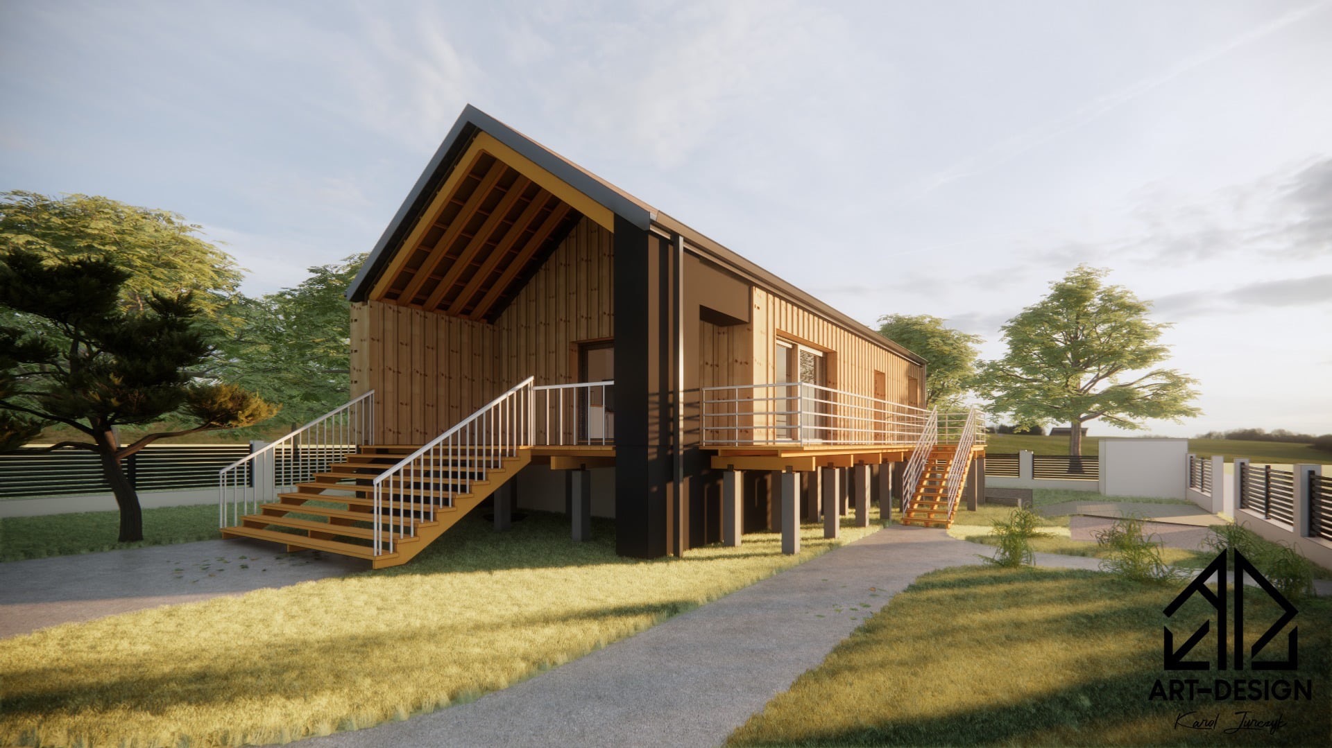 Wizualizacja domu jednorodzinnego z drewnianą elewacją, podwyższonego na betonowych słupach, z dwoma zestawami schodów i balkonem, otoczonego zielenią i ogrodzeniem.