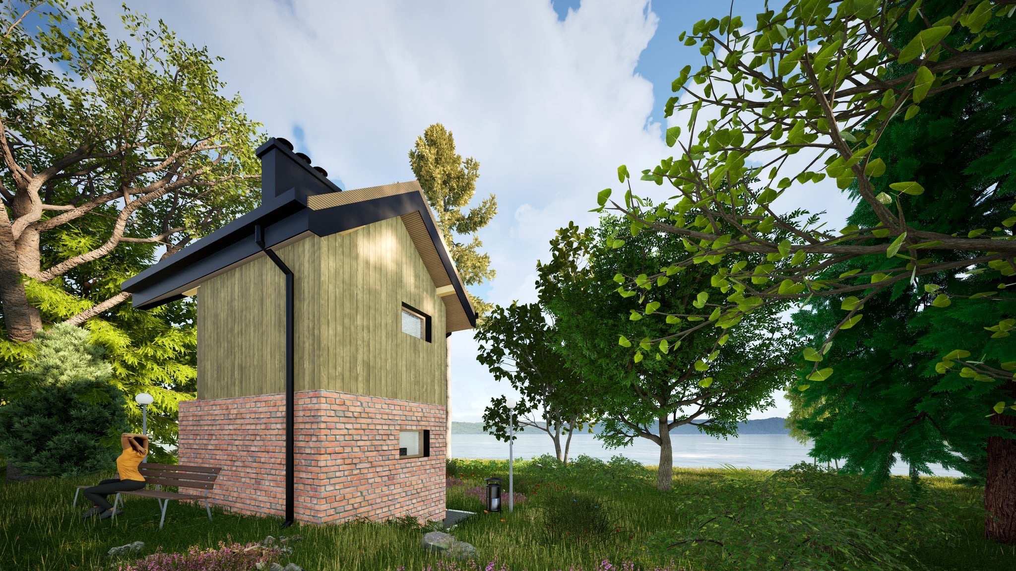 Wizualizacja małego budynku z drewnianą elewacją i ceglaną podstawą, w otoczeniu zieleni i z widokiem na jezioro, kobieta siedzi na ławce przed budynkiem.