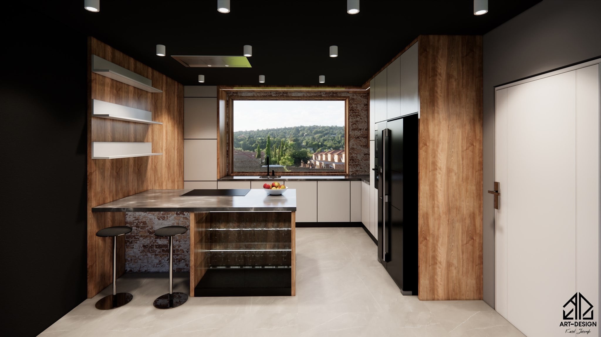 Wizualizacja nowoczesnej kuchni z wyspą, drewnianymi akcentami i widokiem na zielony krajobraz za oknem, oświetlenie punktowe sufitowe.