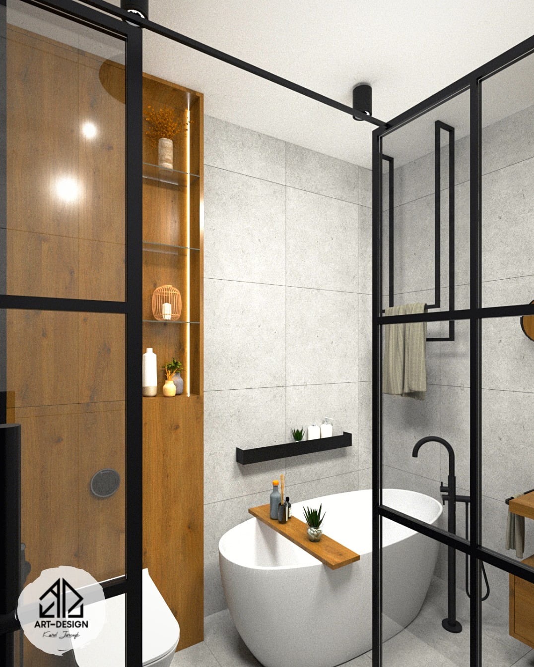 Wizualizacja łazienki z wolnostojącą białą wanną, czarną armaturą i kabiną prysznicową w stylu loft z drewnianymi akcentami, widok na półki z dekoracjami.