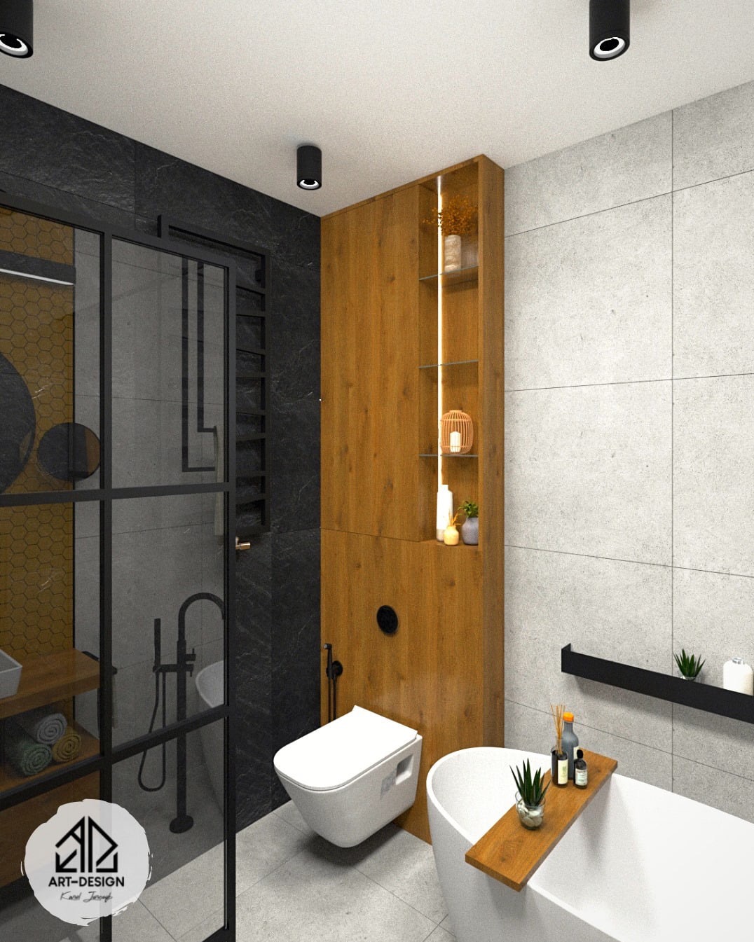 Nowoczesna łazienka z kabiną prysznicową typu walk-in, drewnianą szafką z wbudowanym oświetleniem i wiszącą toaletą, utrzymana w szaro-czarno-drewnianej kolorystyce.